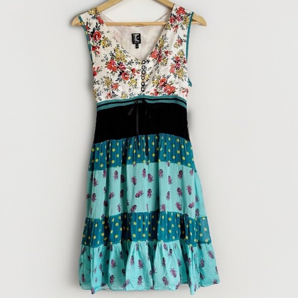 Tricot Chic Patchwork Sleeveless Tiered Midi Babydoll Dress 8 Boho Cottagecore - Picture 1 of 13